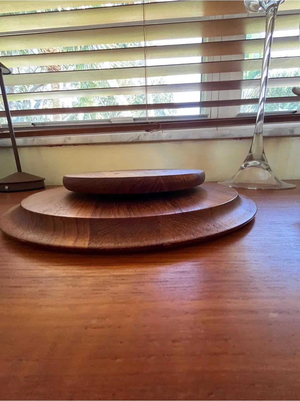 Solid Teak Lazy Susan with smoked glass dishes.